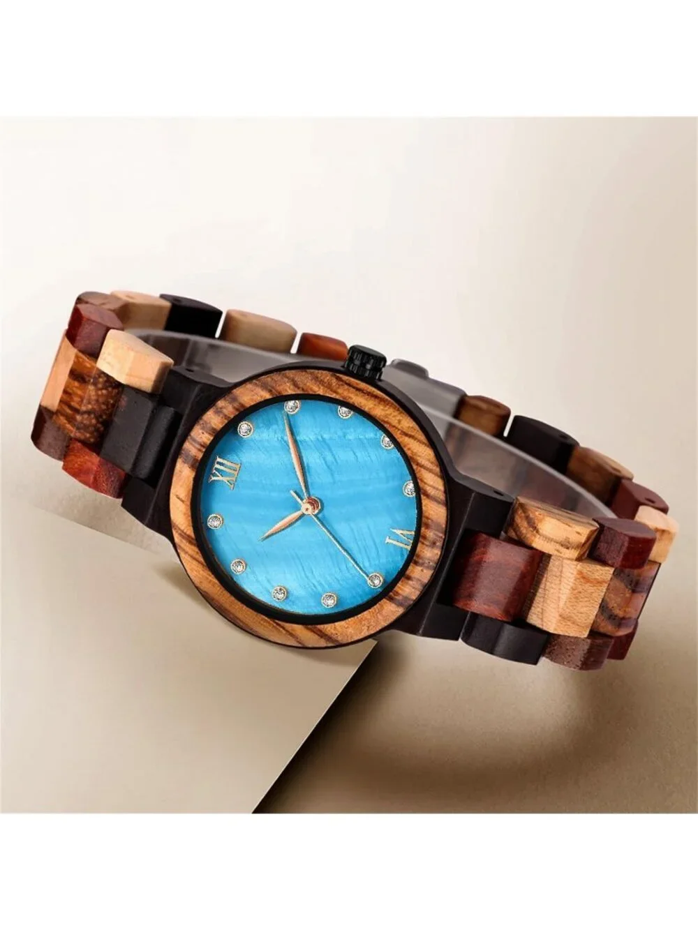 Women's Blue Analog Quartz Couples Colorful Bamboo Classic Design Wooden Watch